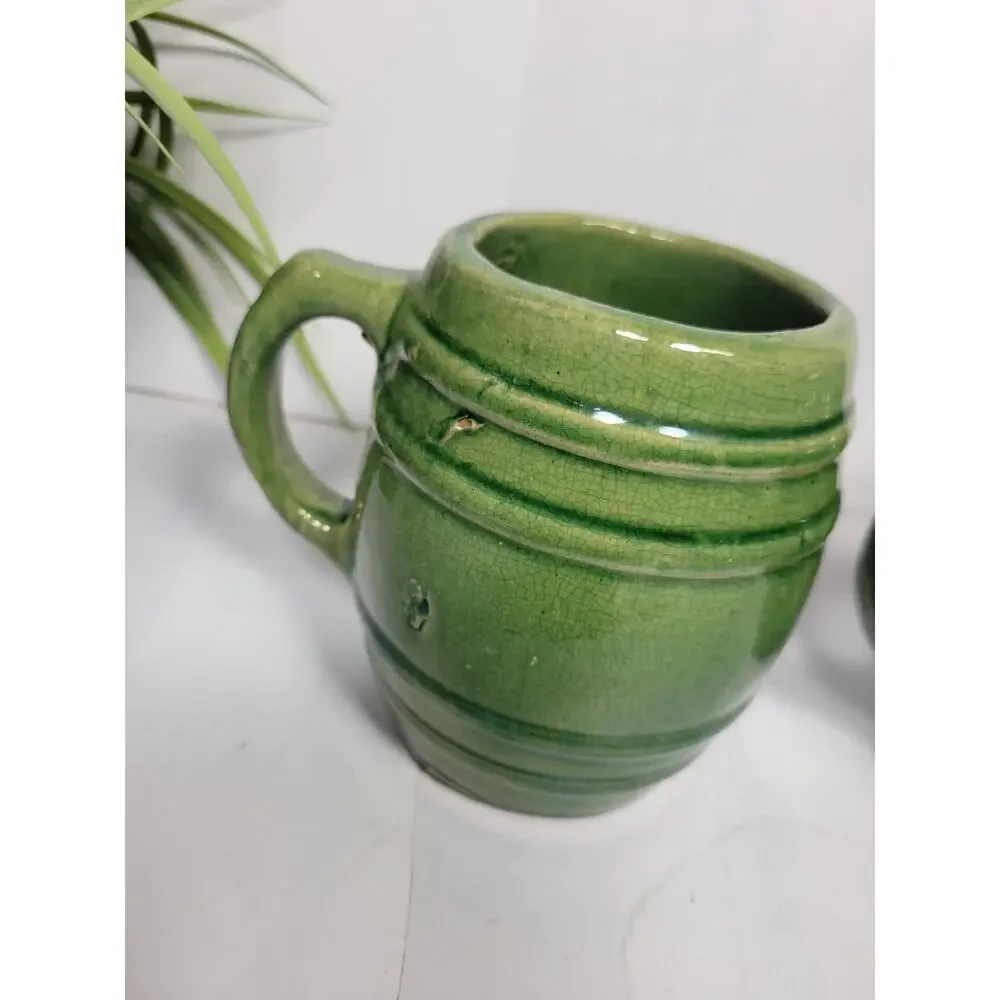 2 Vintage McCoy Pottery Green Barrel Mugs Beer Tankard No 16 Stoneware Set 1920s